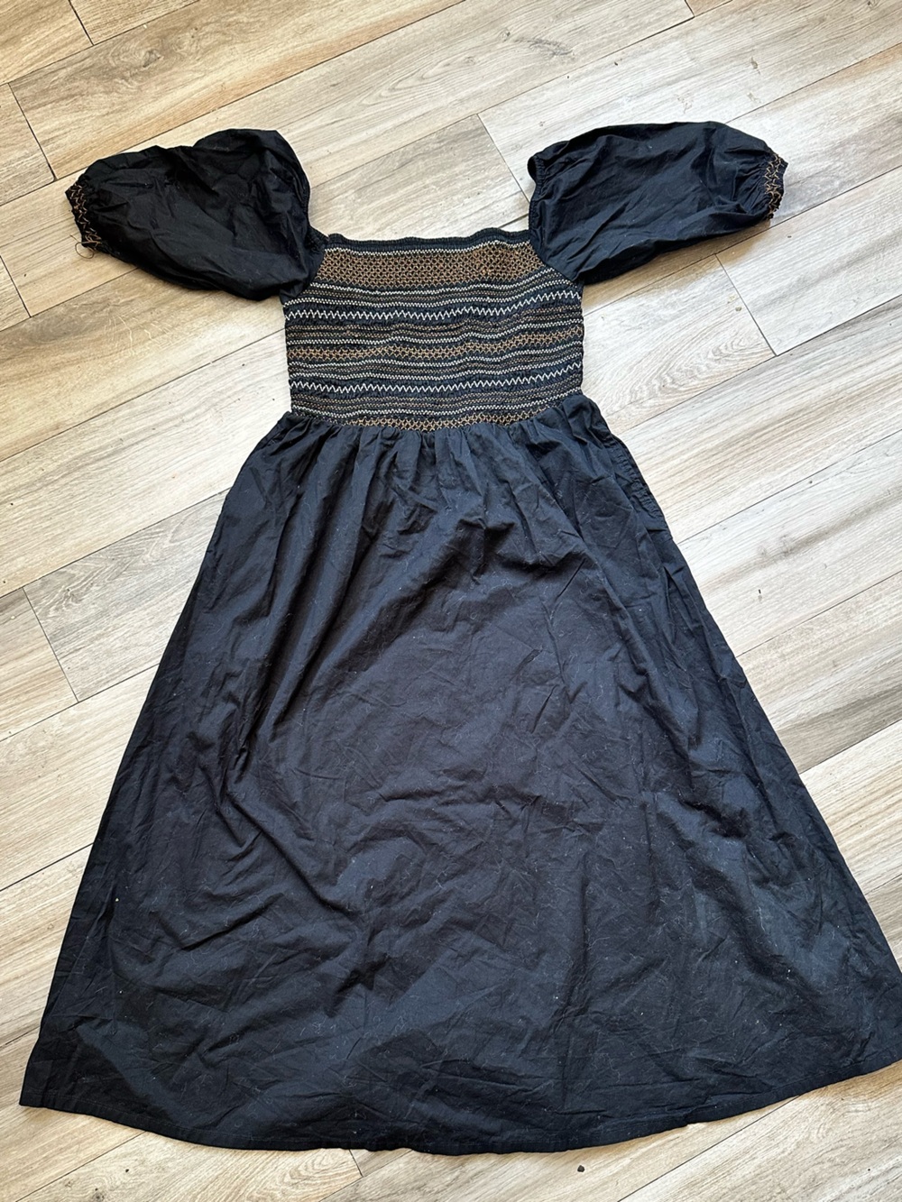 Black Puff-Sleeve Smocked Bodice Midi Dress